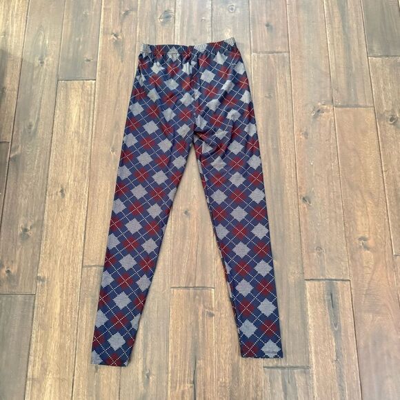 Plaid Soft Leggings Navy Blue Maroon Gray Diamonds One Size - Picture 4 of 4